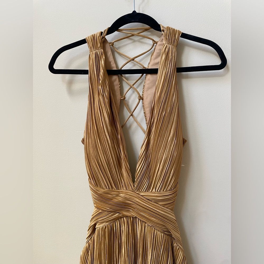 Lulu’s Gold Satin Formal Tiered Lace Up Maxi Dress - Picture 8 of 15